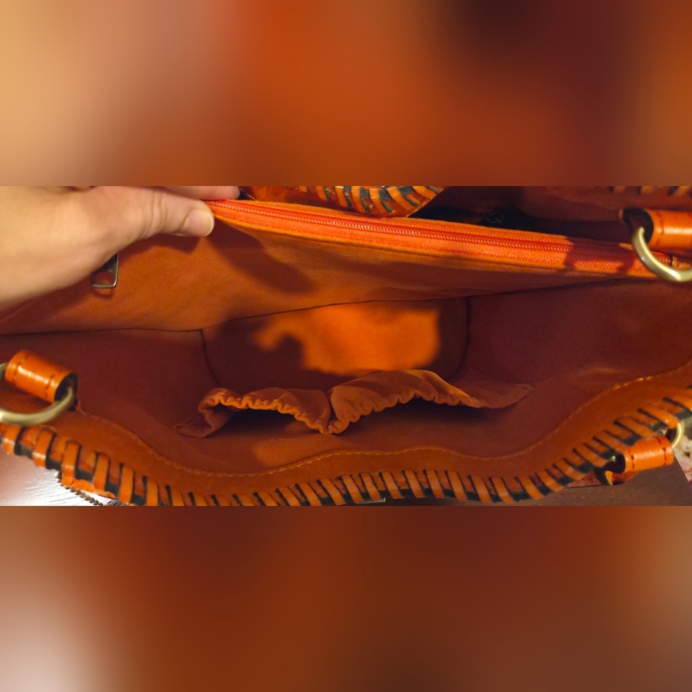 Patricia Nash Leather Cut Out Tooled Ninetta Tote Bucket Hobo Bag Orange - Picture 7 of 12